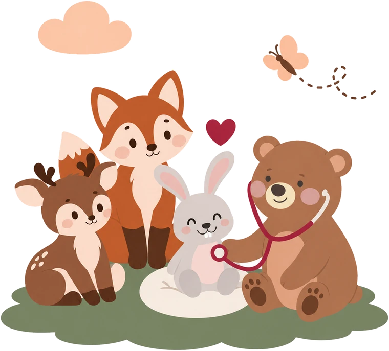 Ilustração no estilo da logo: o ursinho escuta o coração do coelhinho com um estetoscópio, enquanto a raposa e o cervo acompanham
